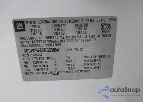 2016 Chevrolet Silverado 1500 1Lt from USA, damaged, VIN 3GCPCREC5GG230541